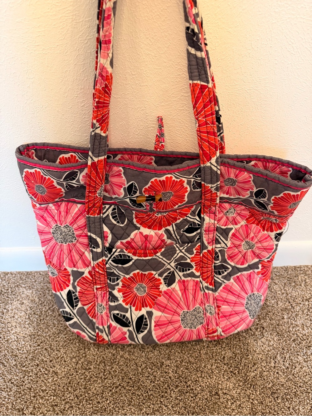 Quilted Floral Vera Bradley Tote Bag in Pink and Gray